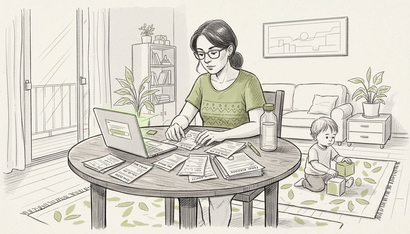 Mom reviewing insurance paperwork in apartment