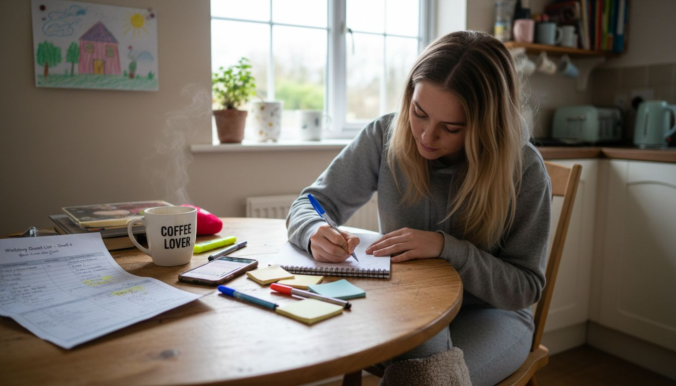 Bride organizing wedding guest list at table