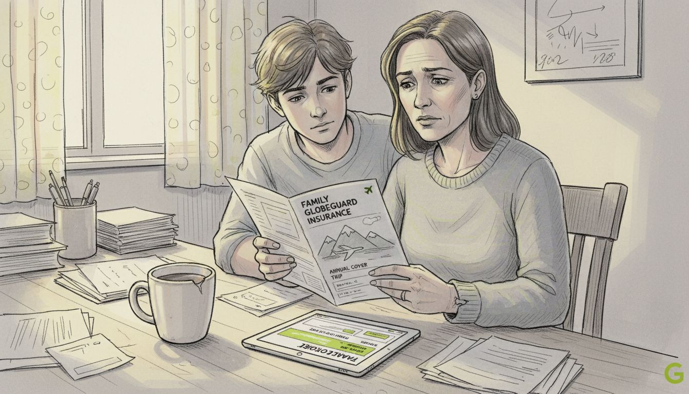 Parent and teen reviewing travel insurance brochure