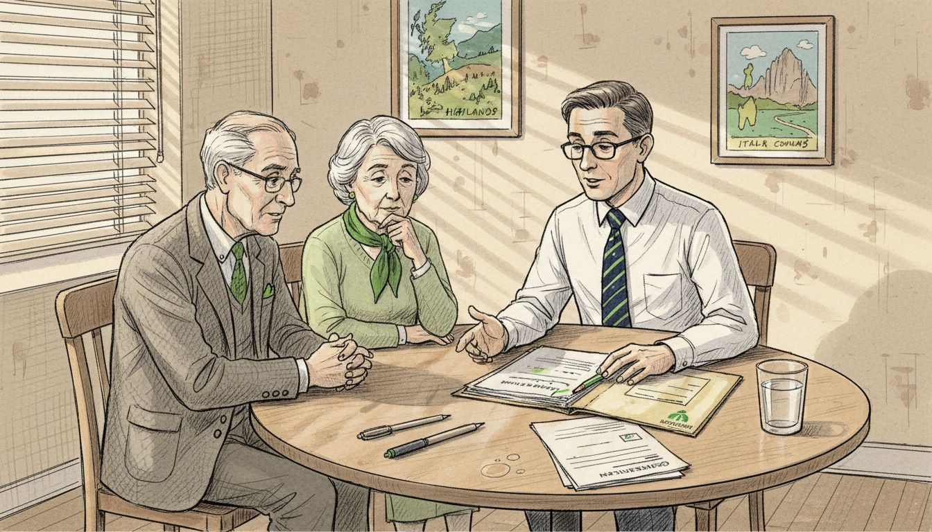 Elderly couple reviewing policy with agent