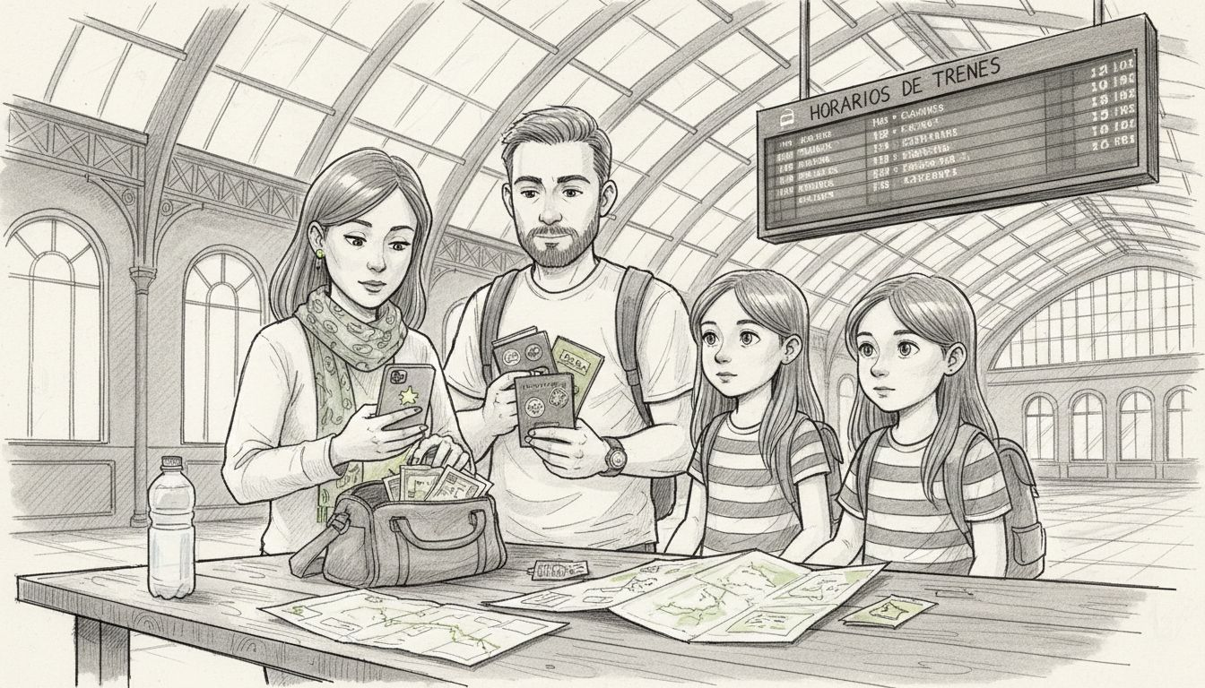 Una familia revisa sus billetes y seguros antes de viajar