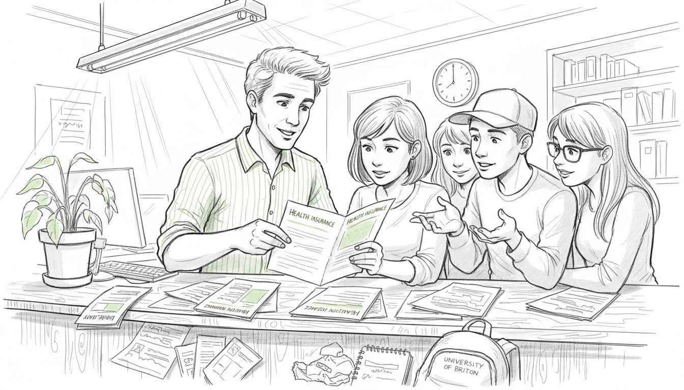 University staff explaining health insurance leaflet