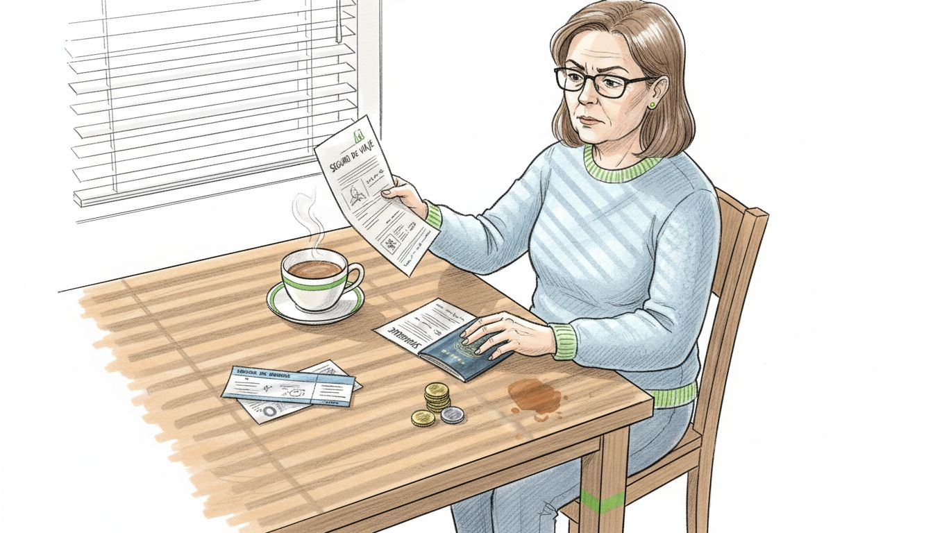 Mujer revisando los documentos de su seguro de viaje sentada en la mesa