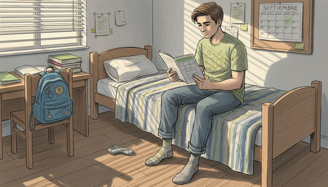 Un estudiante revisa y compara diferentes opciones de seguro desde su habitación en la residencia universitaria.