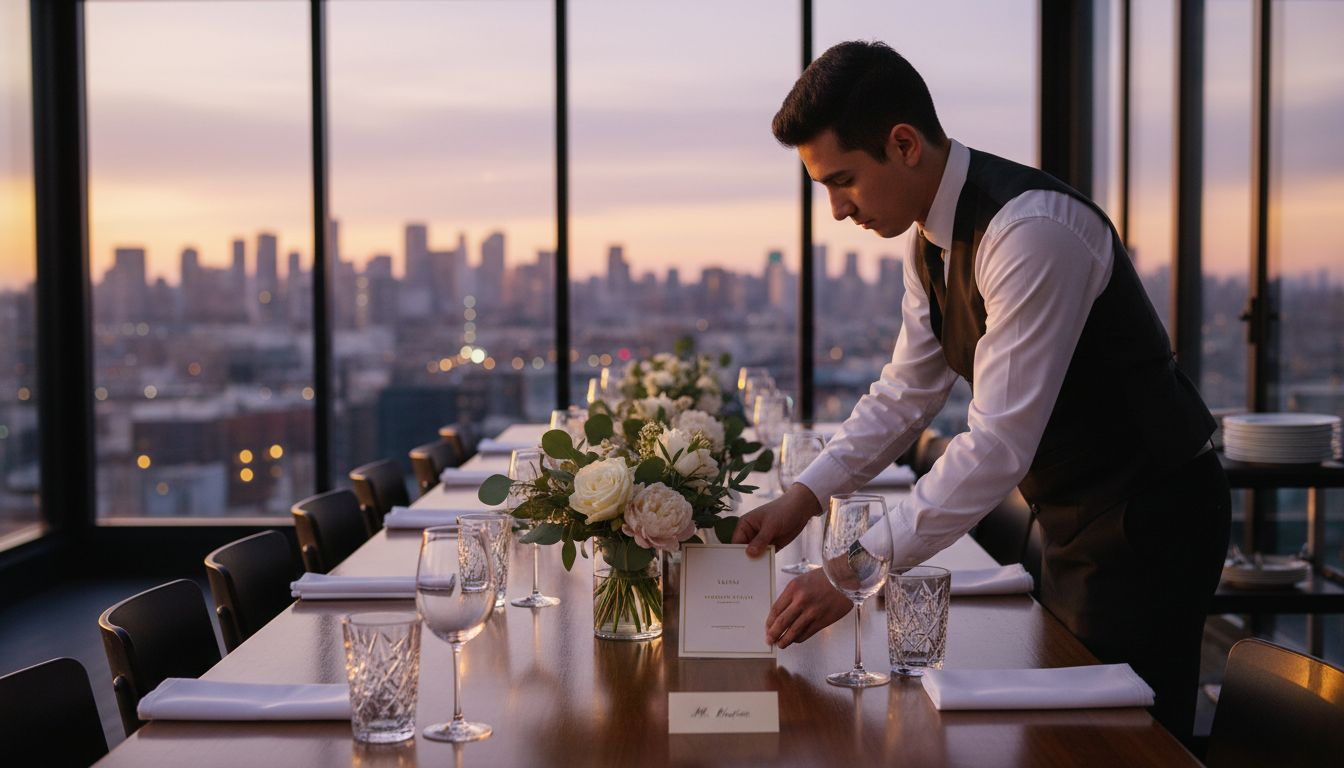 Staff setting table for luxury event dinner