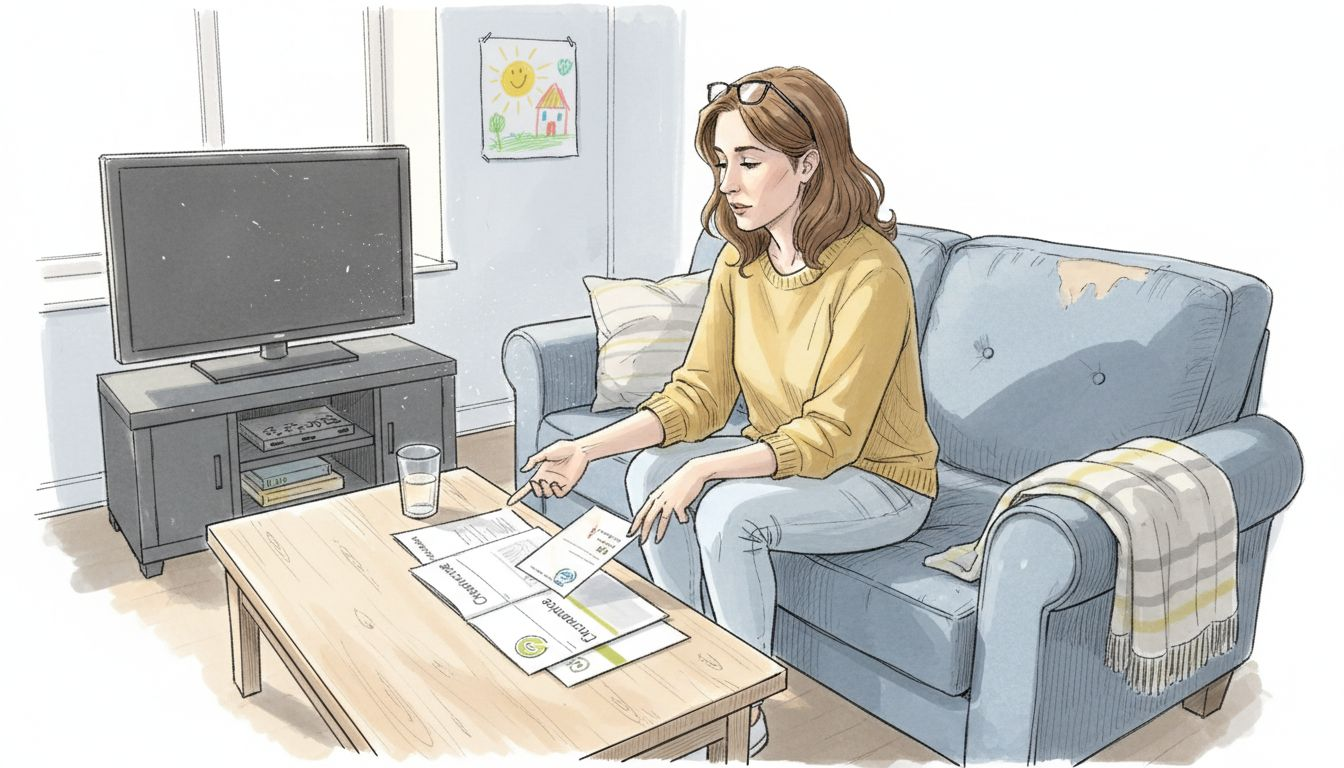 Woman comparing health plan brochures on sofa
