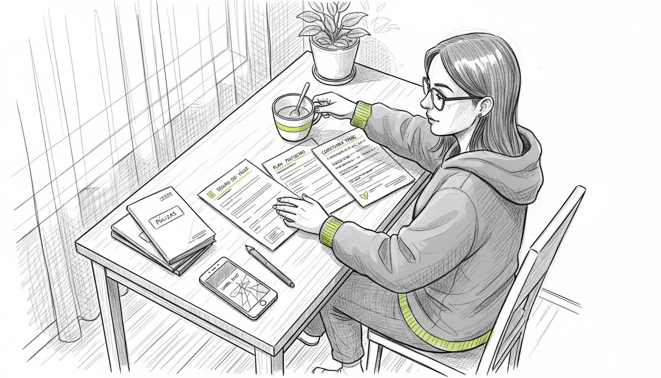 Una mujer revisa diferentes opciones de seguros de viaje, comparando las coberturas y beneficios de cada uno para elegir el que mejor se adapta a sus necesidades.