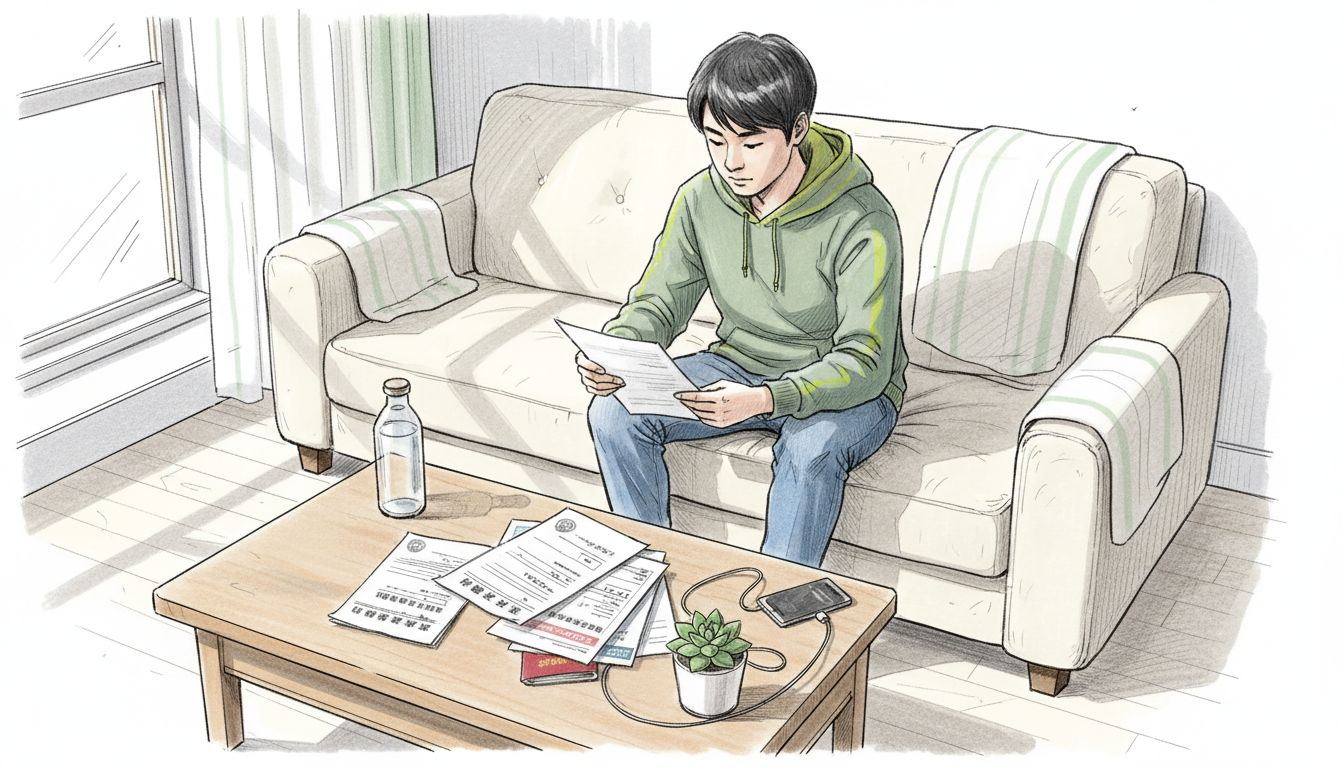 一名学生正在整理出行保险相关的资料和文件。