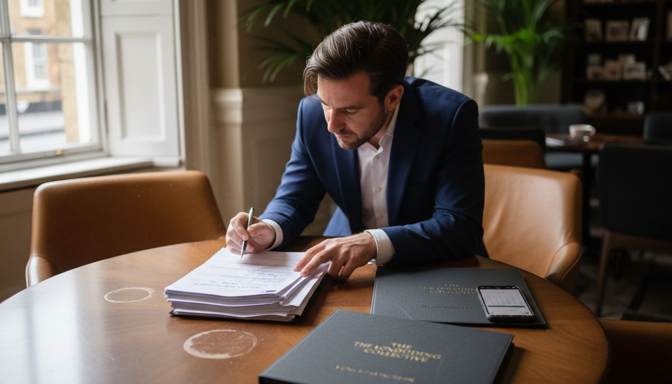 Planner reviewing venue contracts in luxury lounge