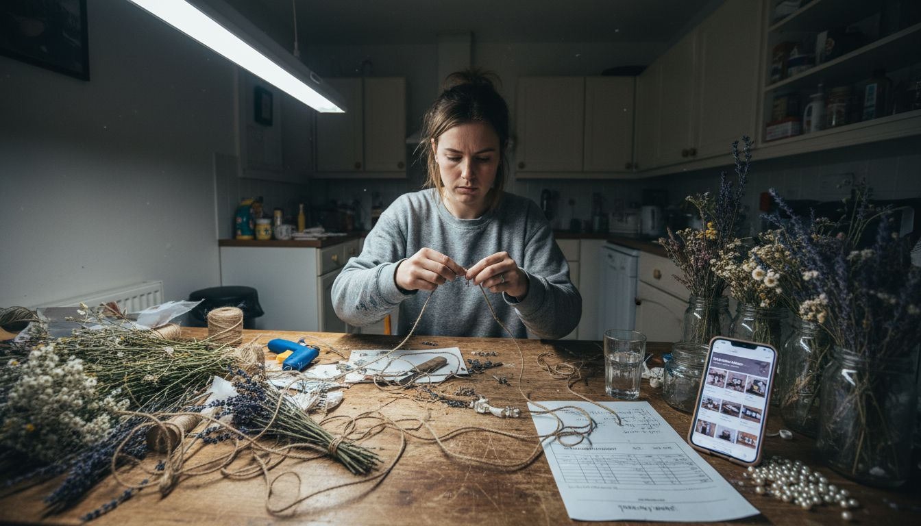 Bride making DIY wedding decorations in kitchen