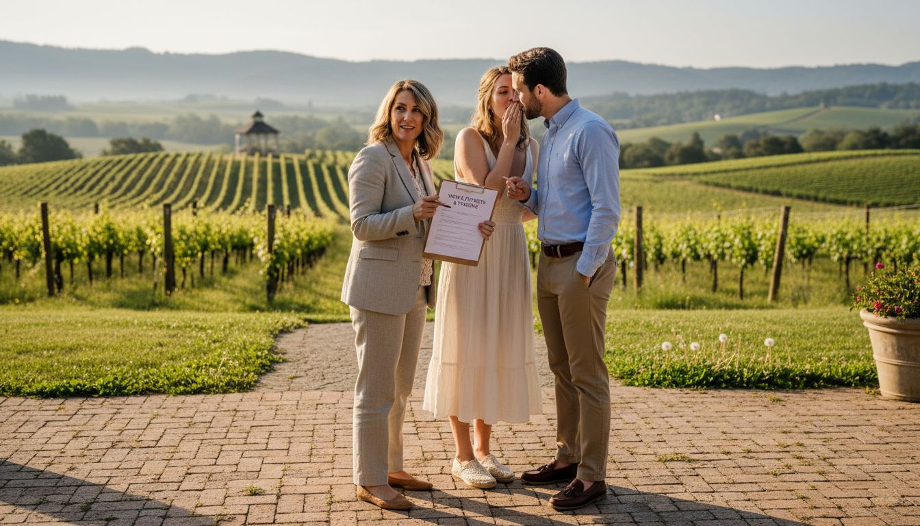Couple touring wedding venue with planner