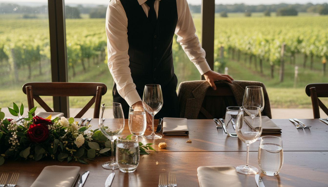 Staff preparing elegant event table setting