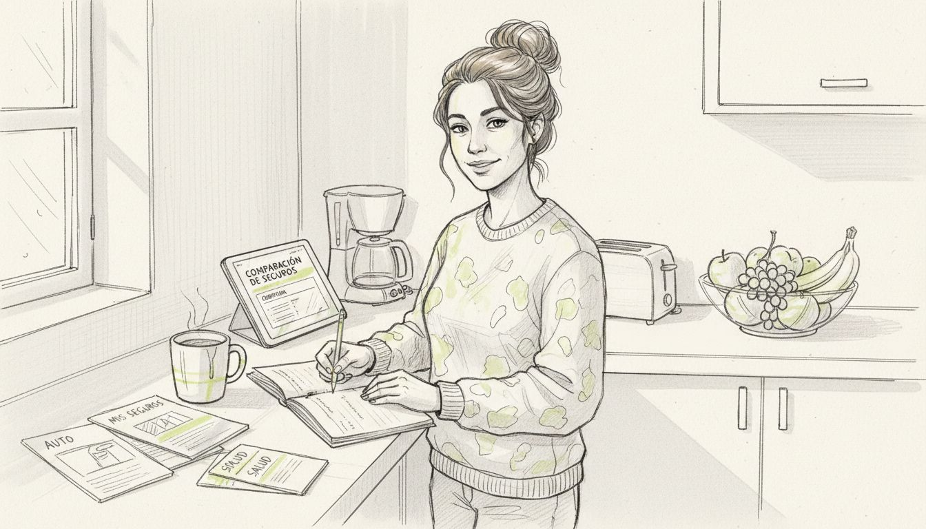 Una mujer revisa y compara las opciones de seguros desde la comodidad de su casa, buscando la mejor cobertura para sus necesidades.