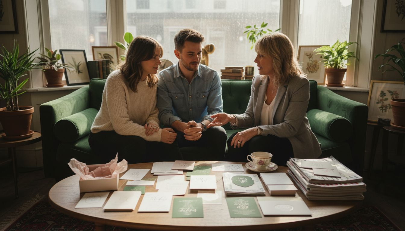 Wedding planner consulting with engaged couple