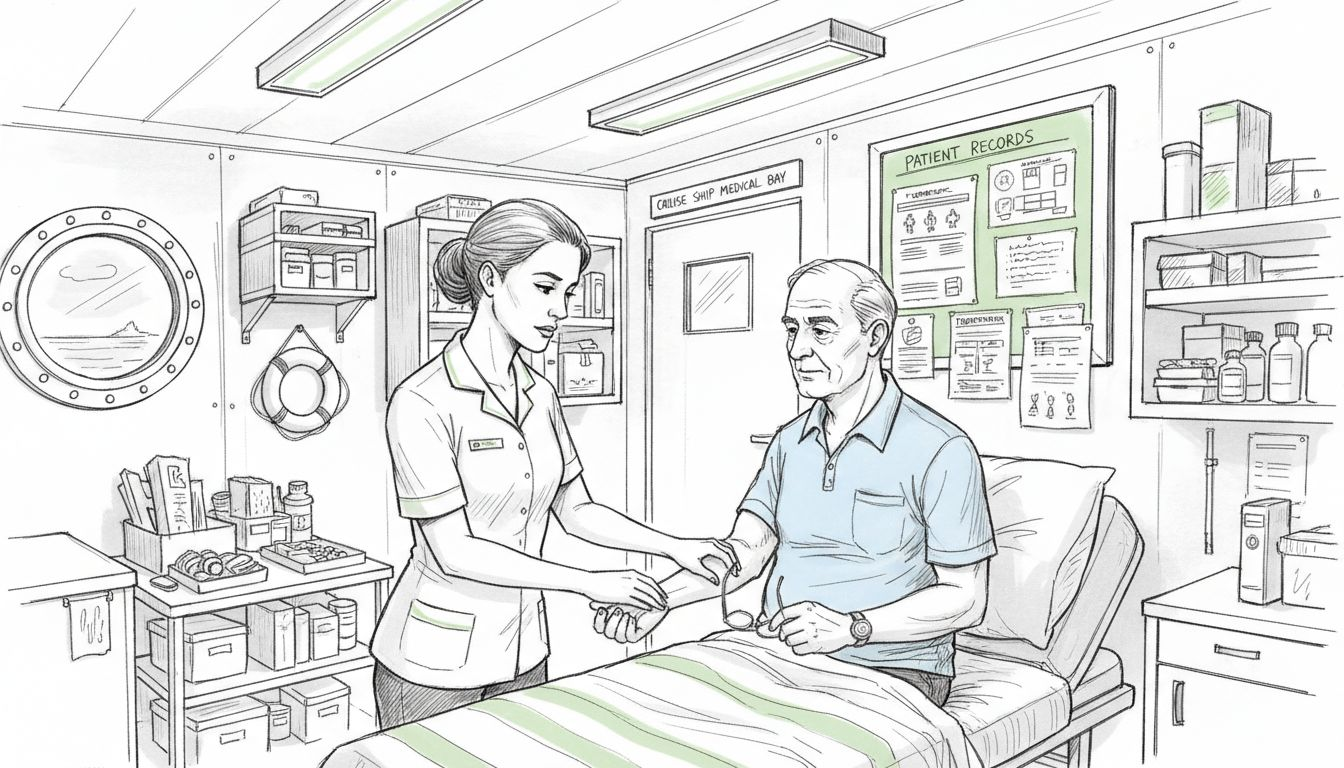 Nurse checks passenger in ship medical bay