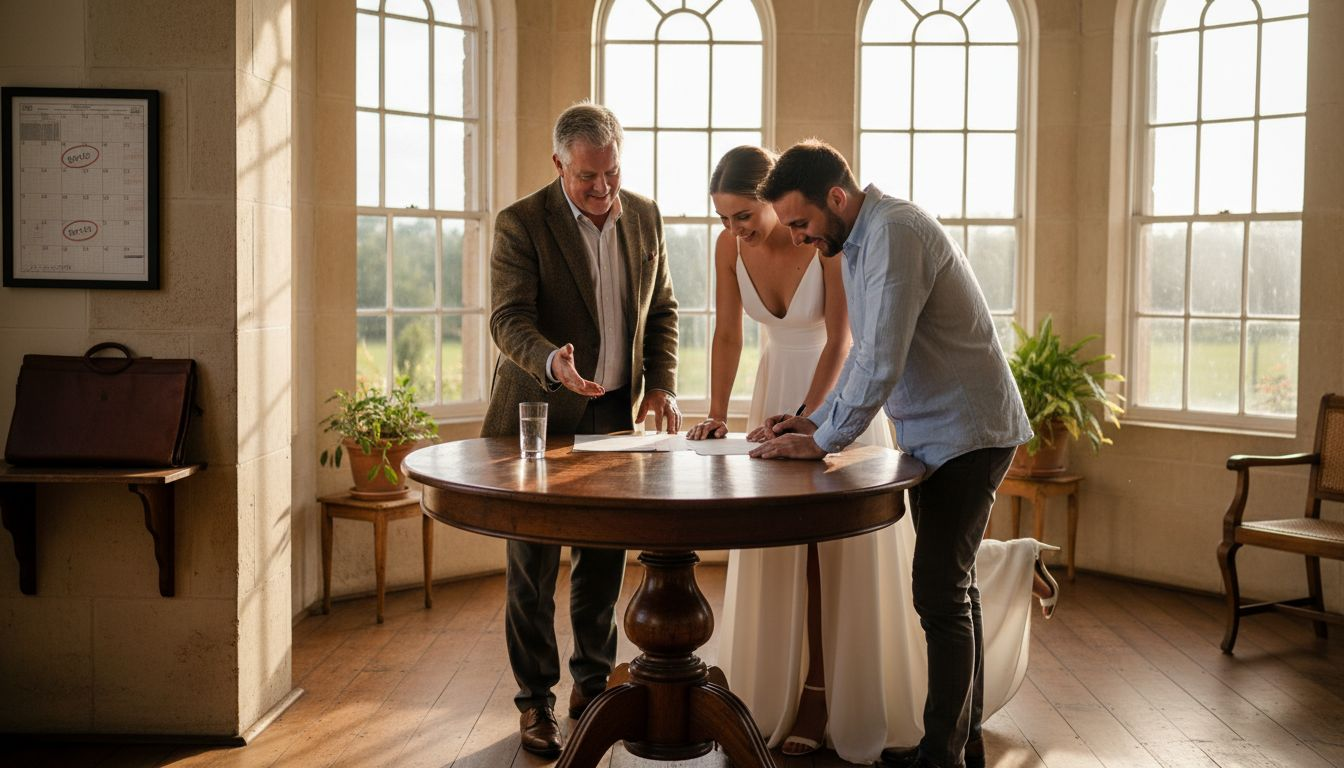 Couple signing wedding venue contract
