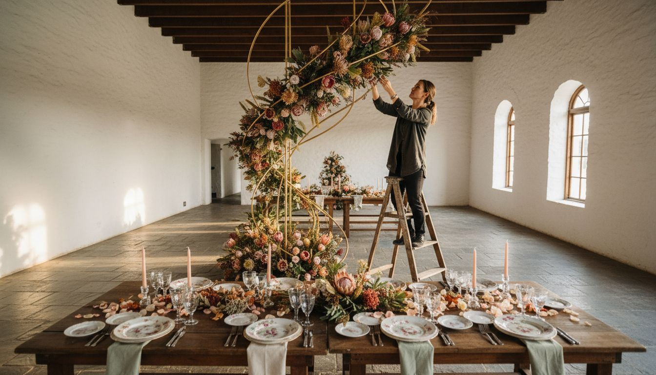 Florist creating sculptural floral wedding centerpiece
