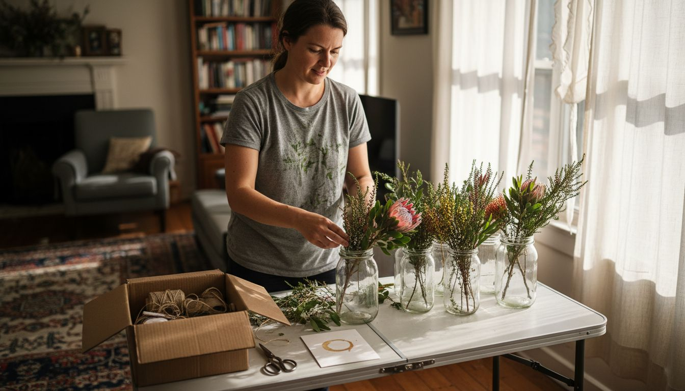 DIY floral bridal shower decorations in progress