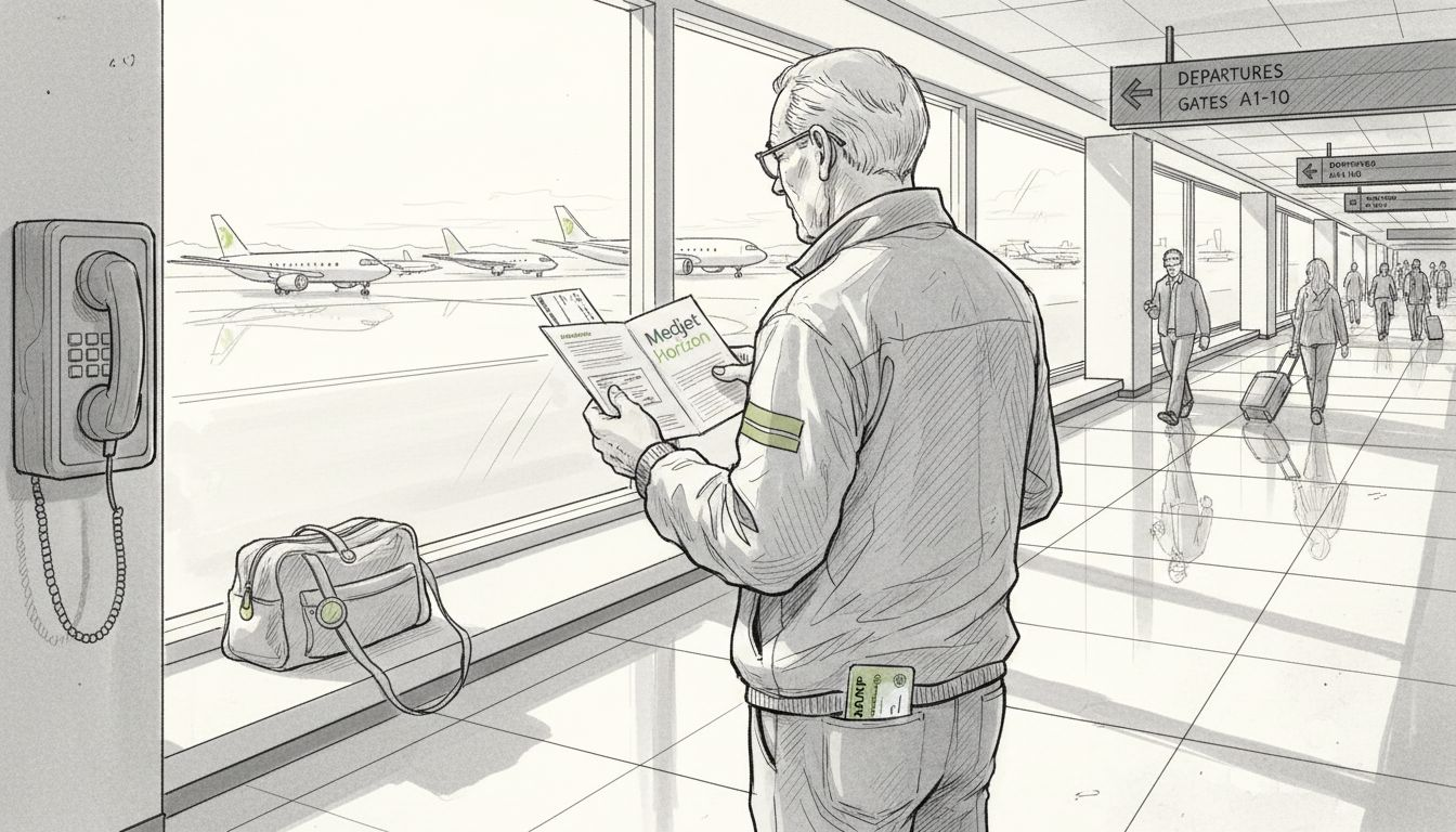 Senior man reviews Medjet brochure at airport
