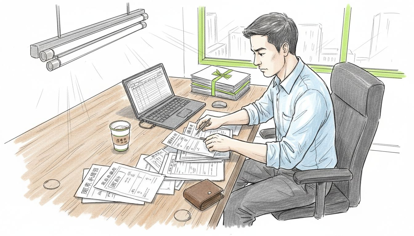 一名男士正在办公室整理保险理赔所需的相关资料。