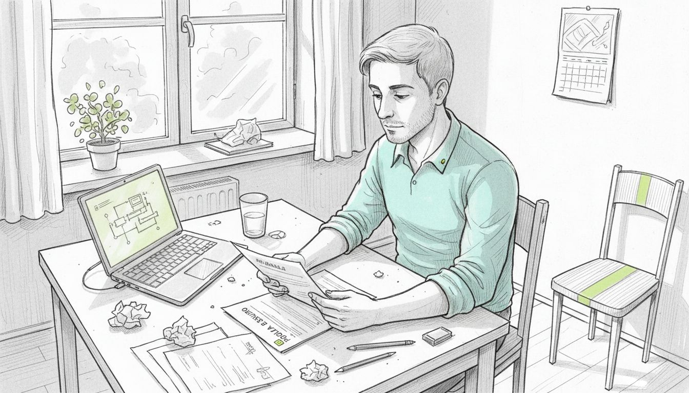 Un joven que vive fuera de su país revisa su seguro tranquilamente en casa.