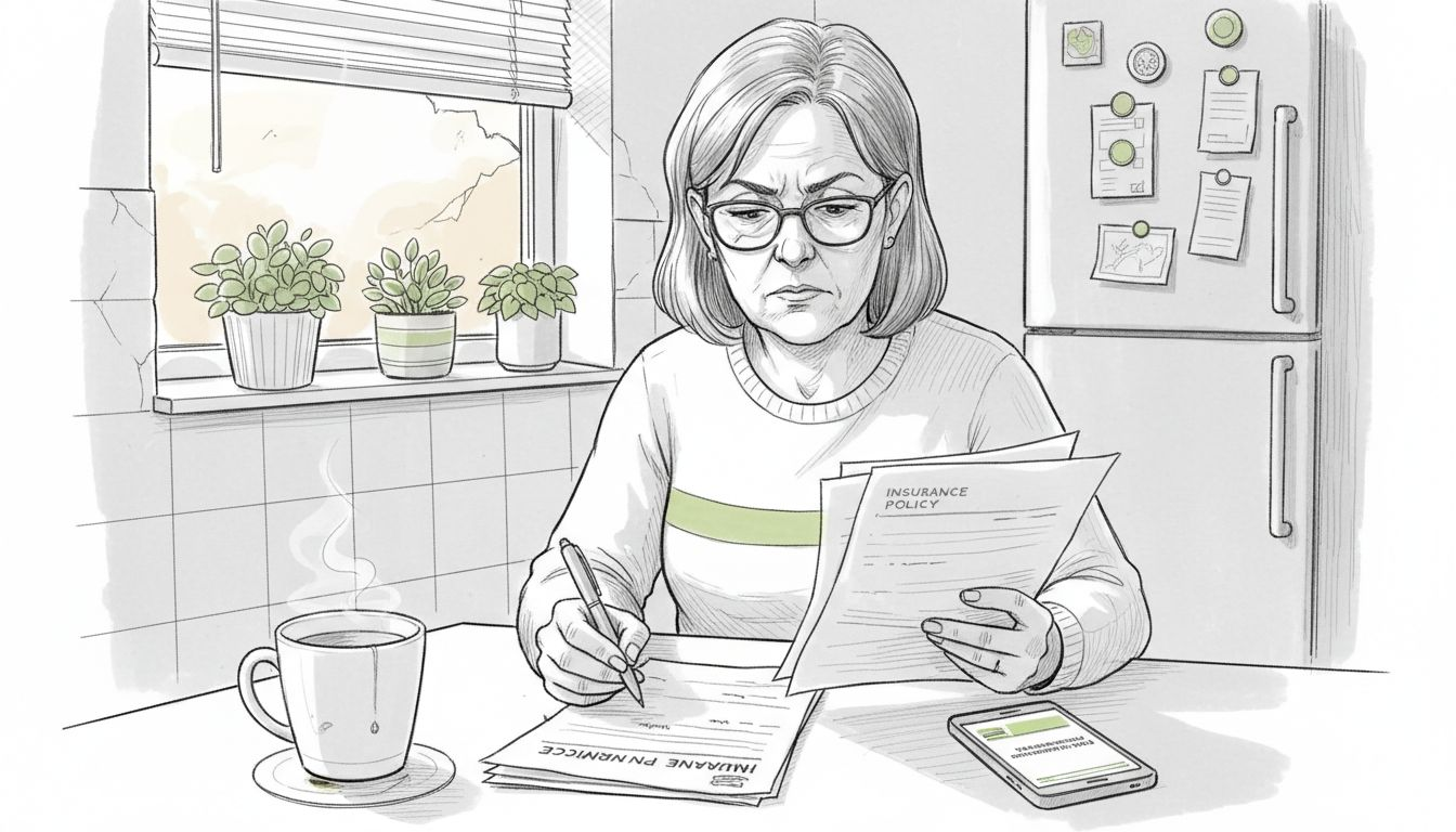 Woman checking flight insurance documents at table
