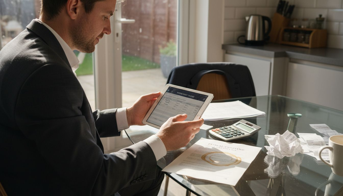 Groom updating wedding budget on tablet
