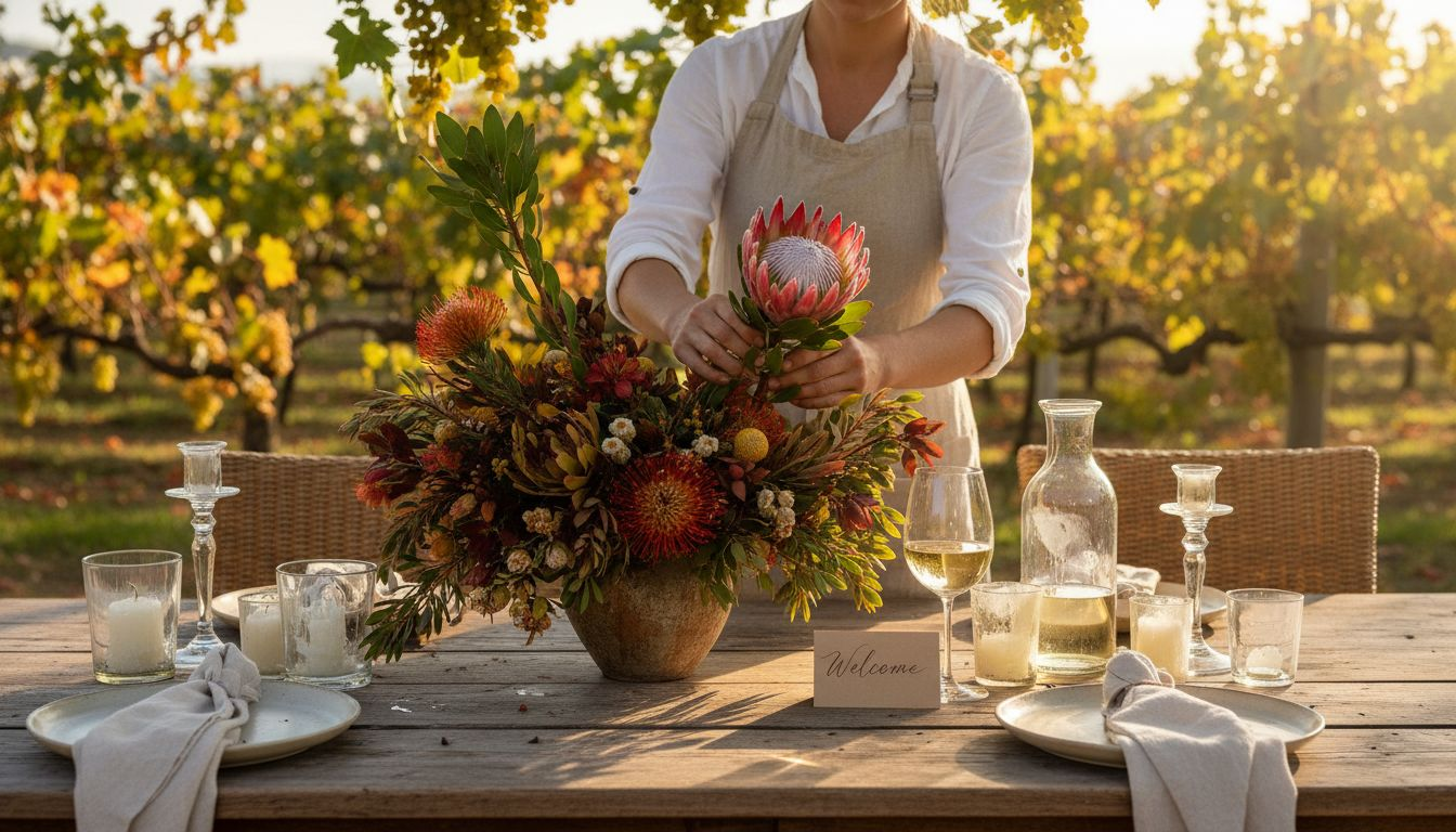 Florist arranges luxury vineyard wedding centerpiece