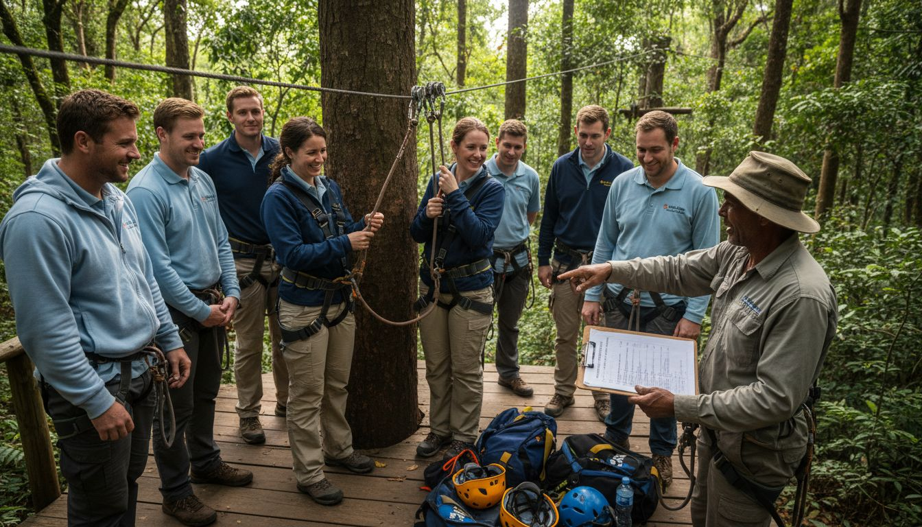 Corporate team preparing for forest zip-lining