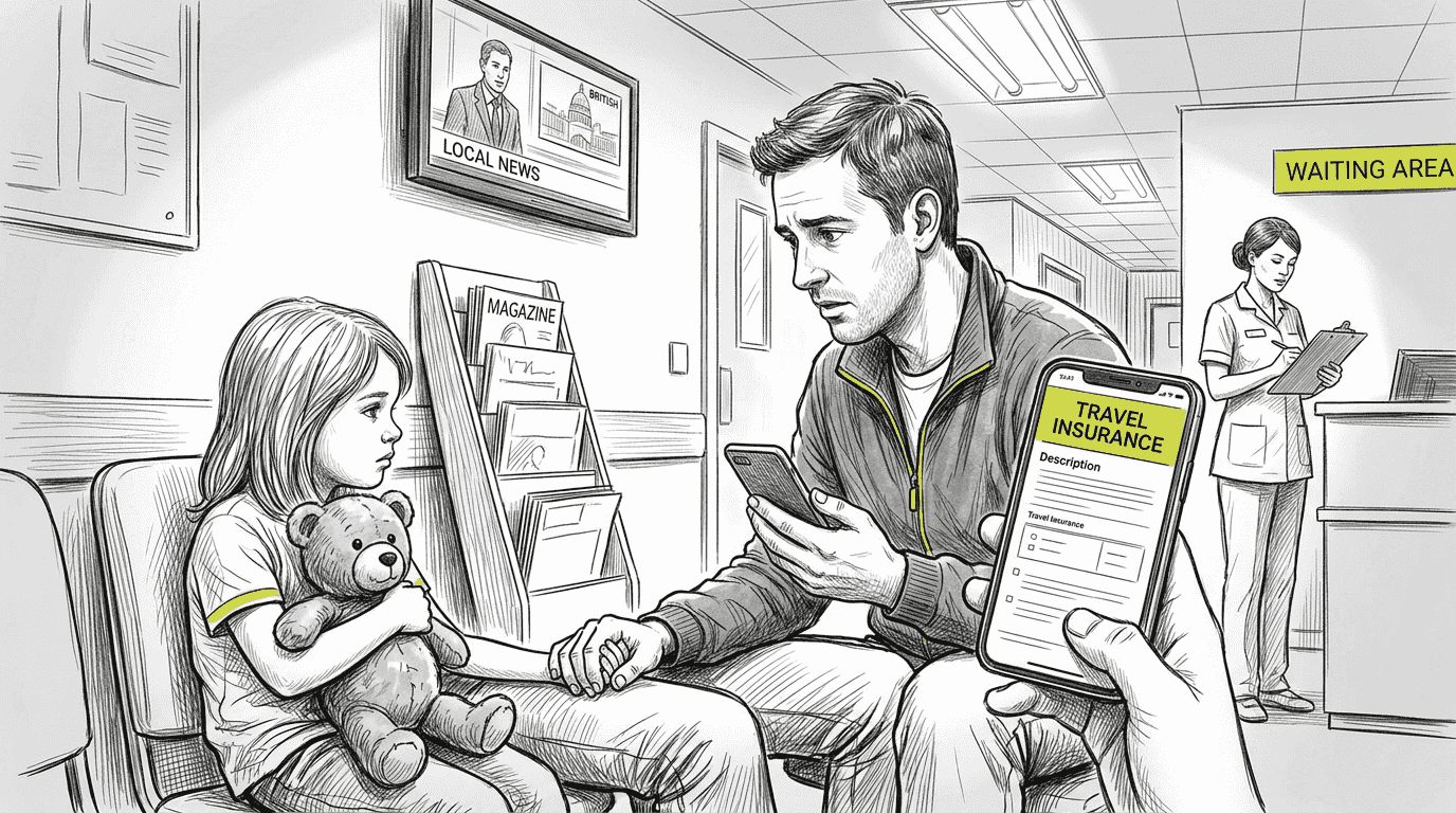 Family reviewing insurance in hospital waiting room