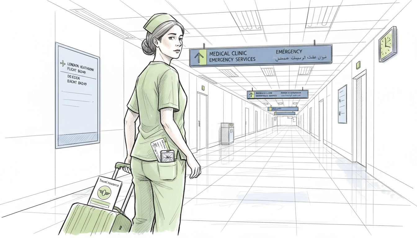 Nurse with suitcase in airport clinic emergency