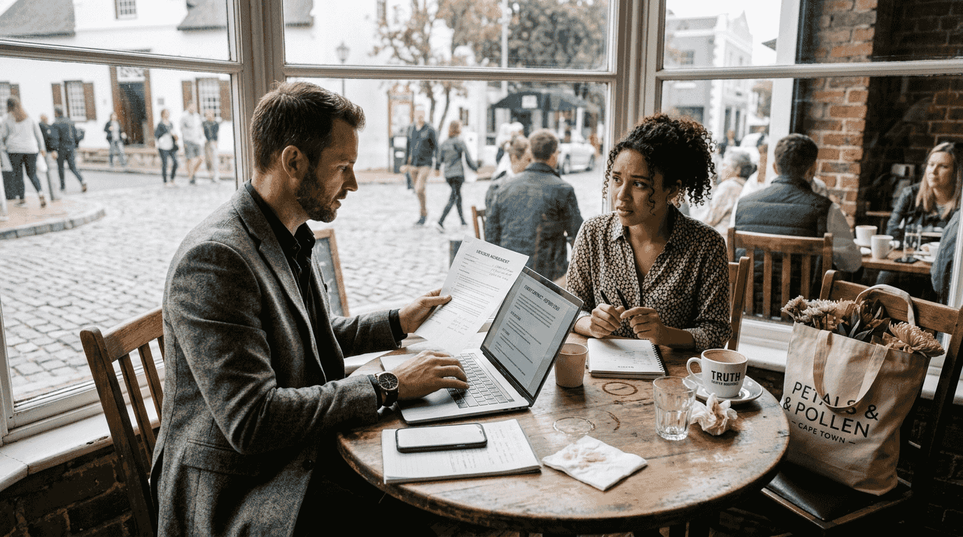 Planner negotiating vendor contract in Cape Town café