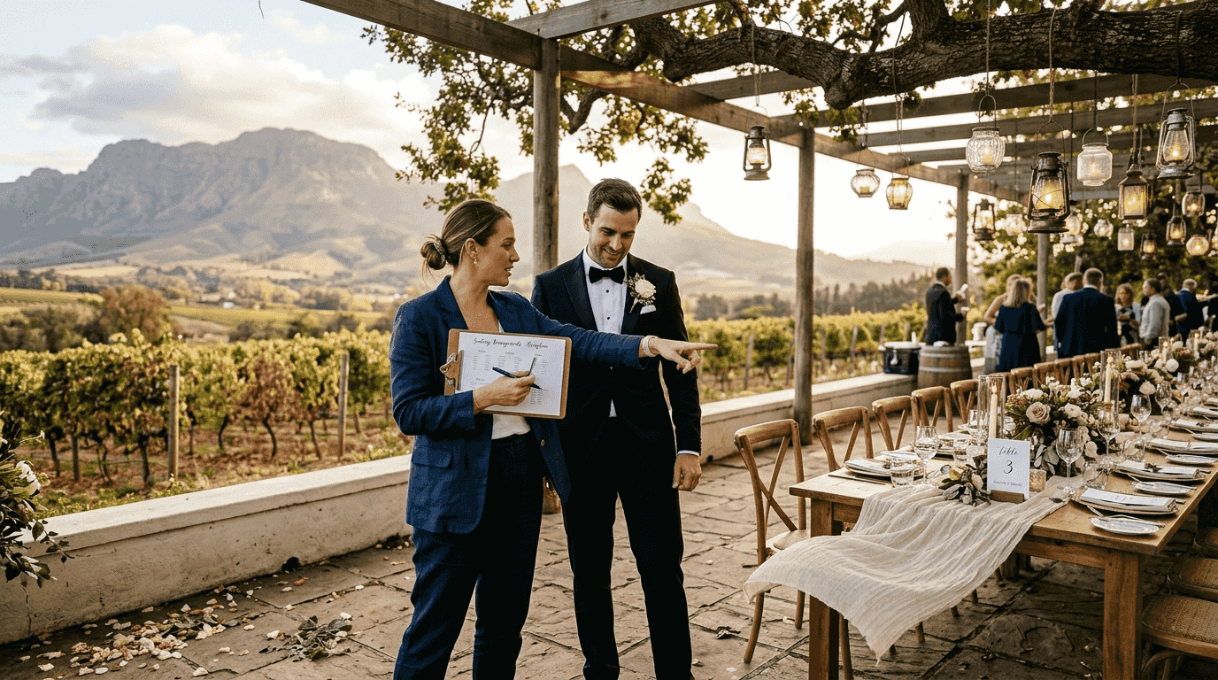 Planner with groom on vineyard terrace, Cape mountains