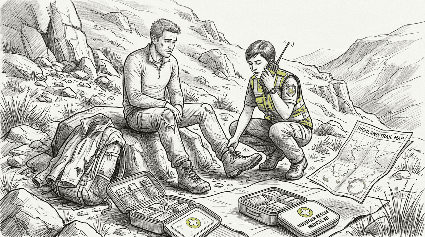 Injured hiker treated by medic outdoors