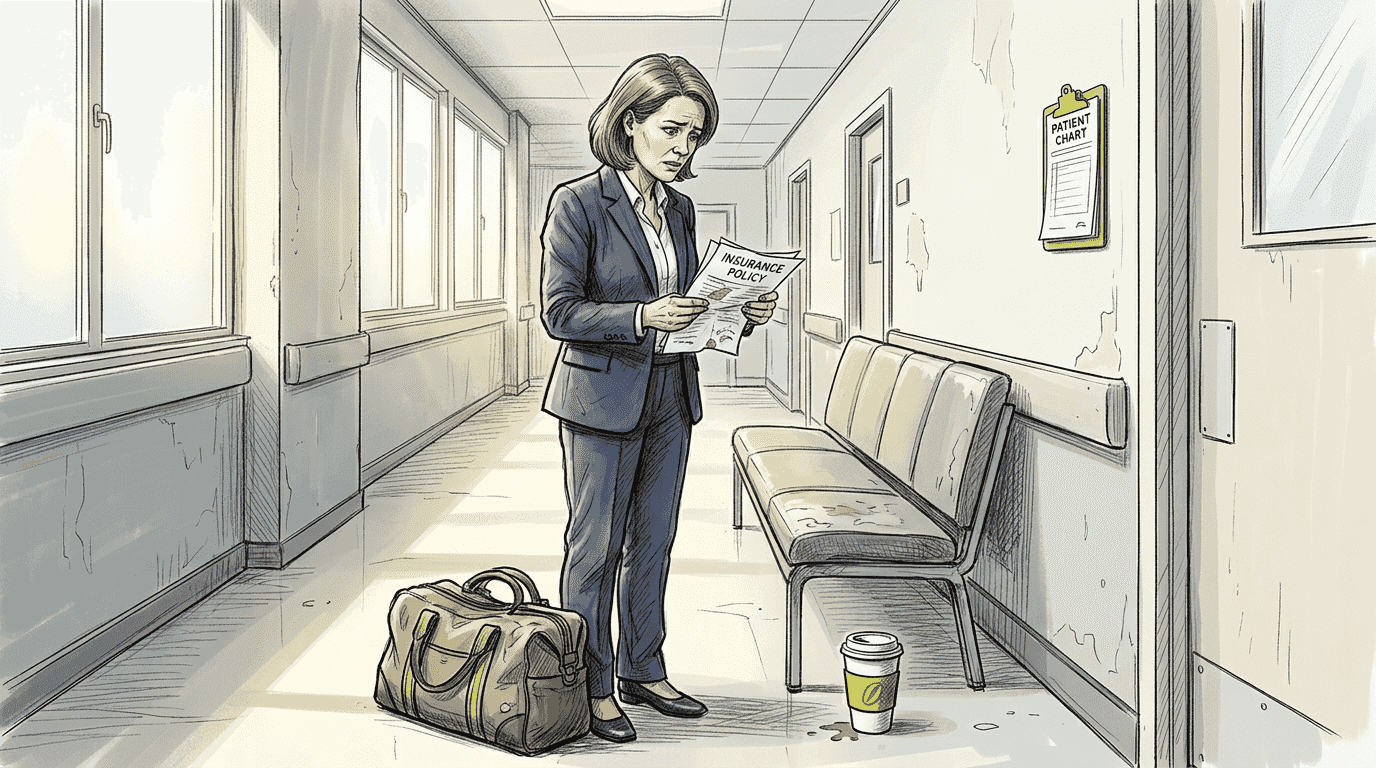 Woman reviews insurance cover in hospital hallway