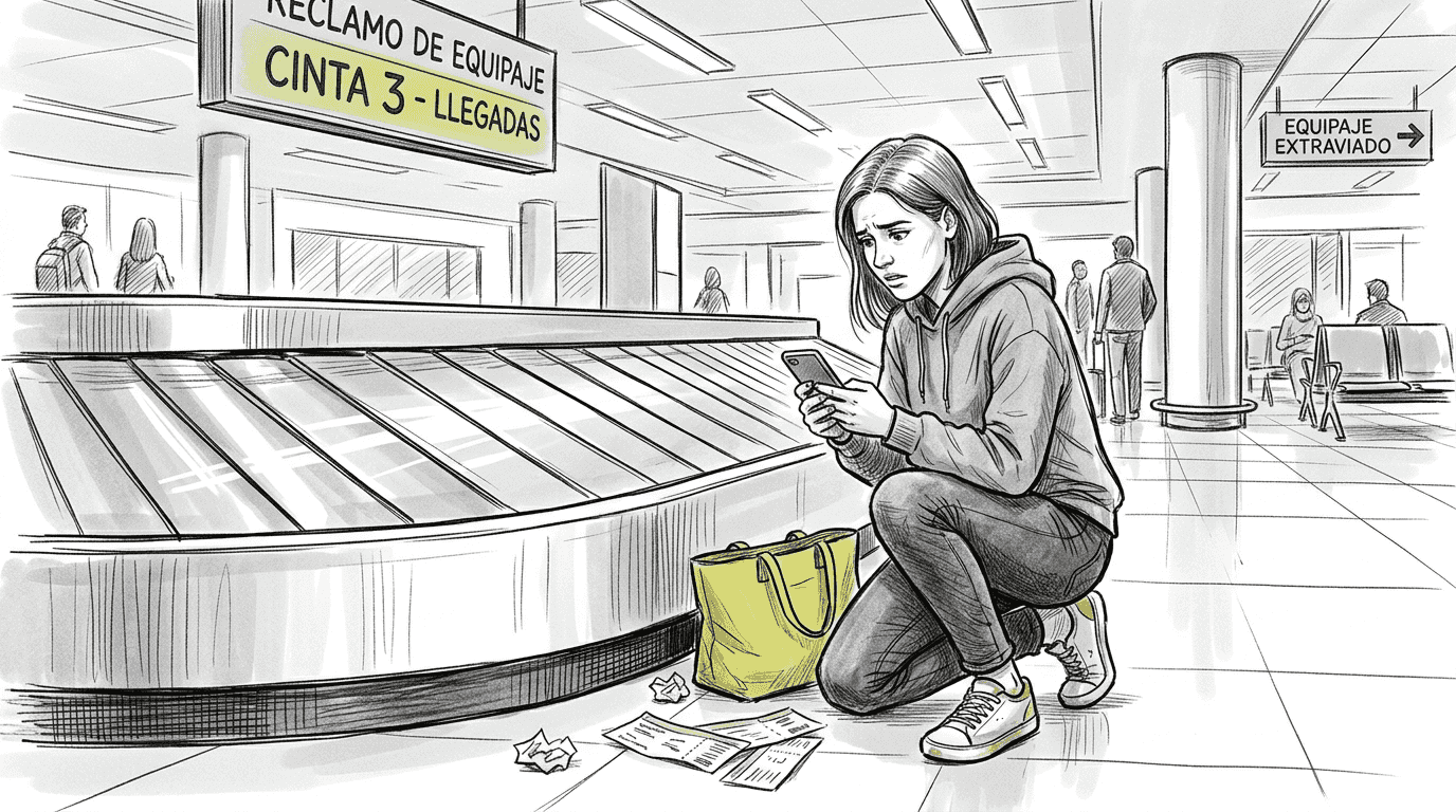 Una mujer espera con nerviosismo junto a la cinta de equipaje, pendiente de que aparezca su maleta.