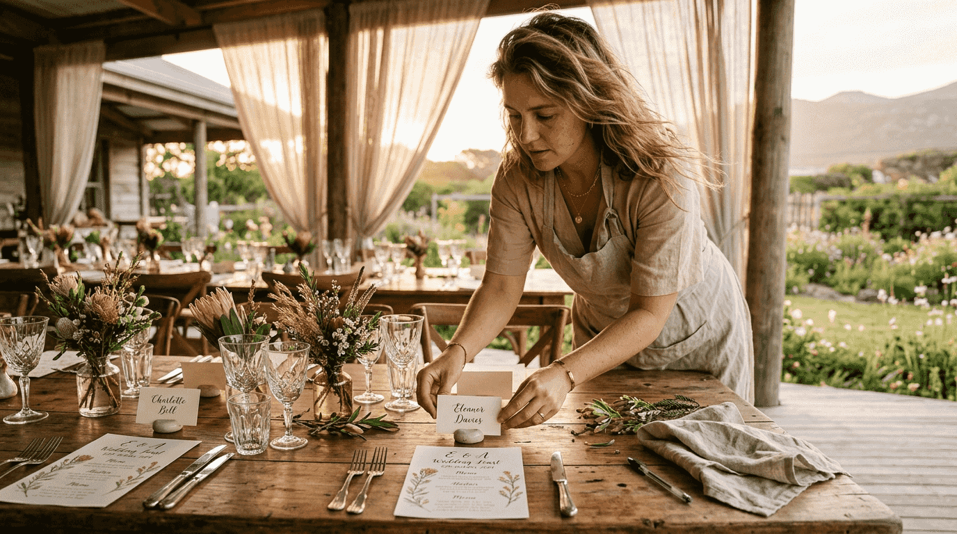 Designer arranging personalised wedding decor details