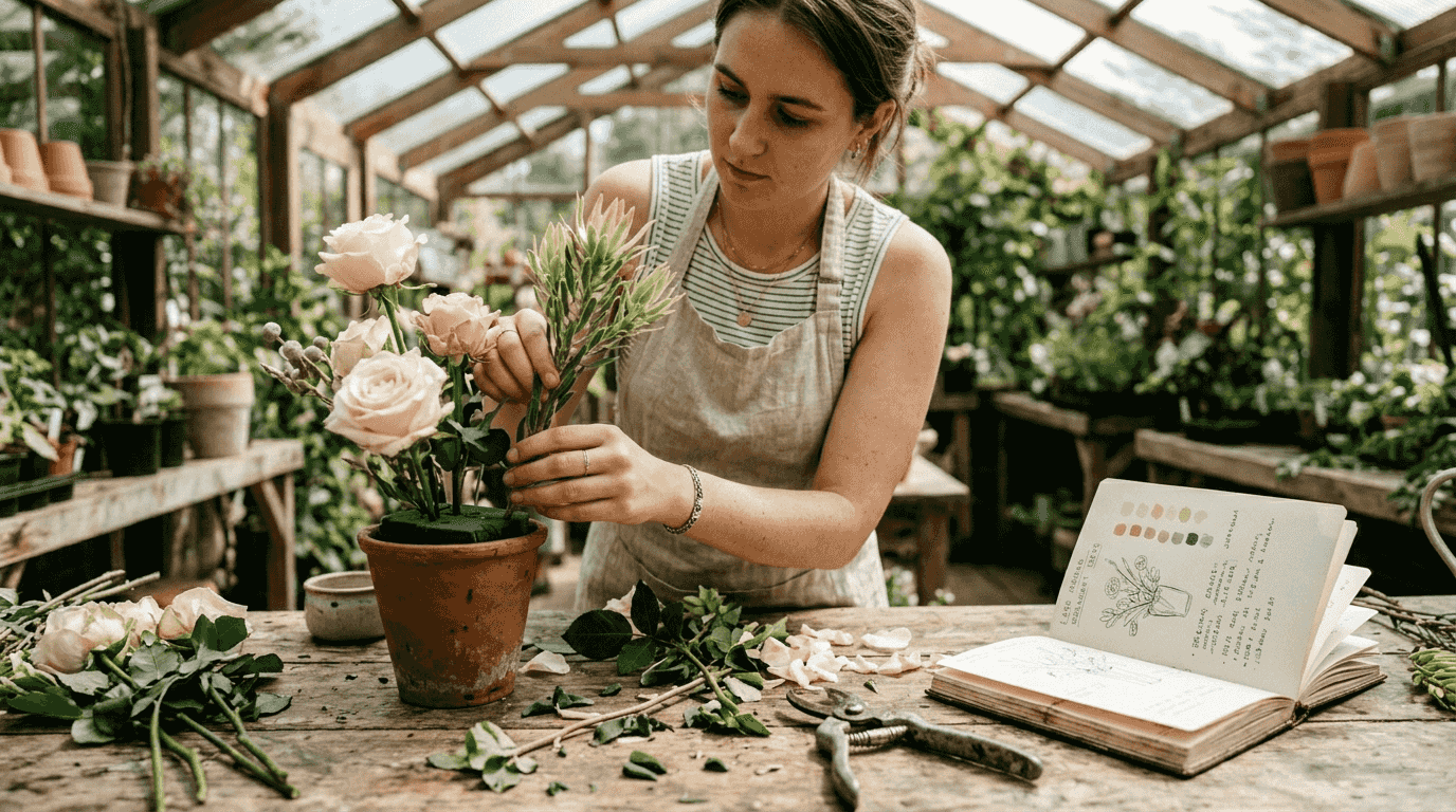 Florist arranging sage green and blush bouquet
