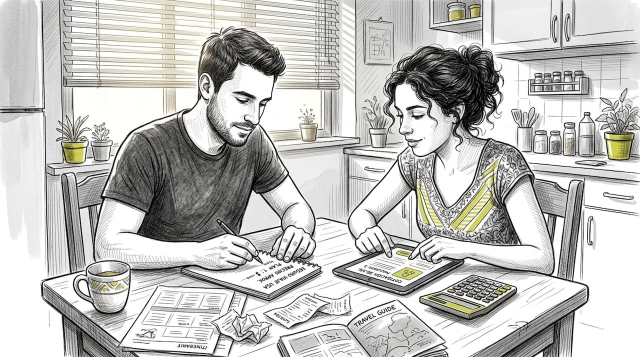 Una pareja revisa cuánto le costaría contratar un seguro de viaje.