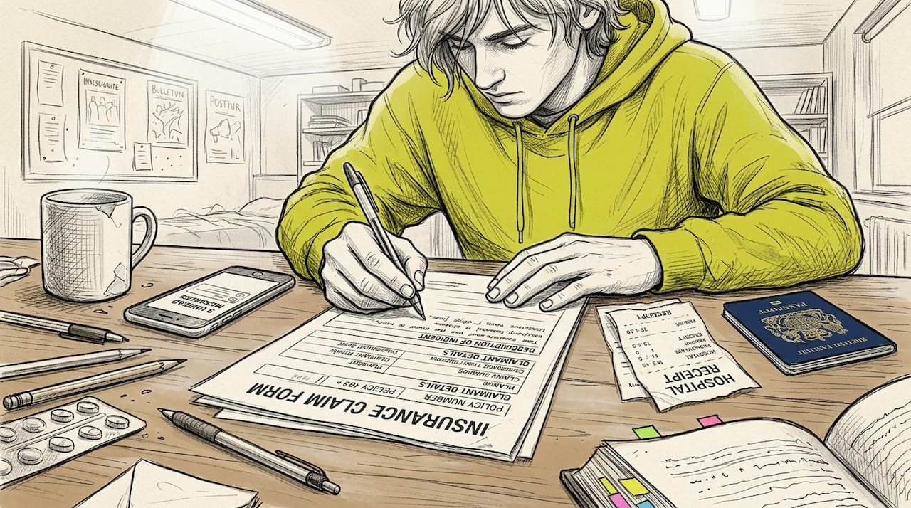 Student preparing insurance claims at cluttered desk