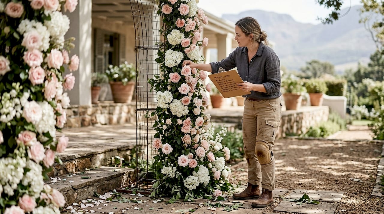 Designer creating floral arches in garden villa