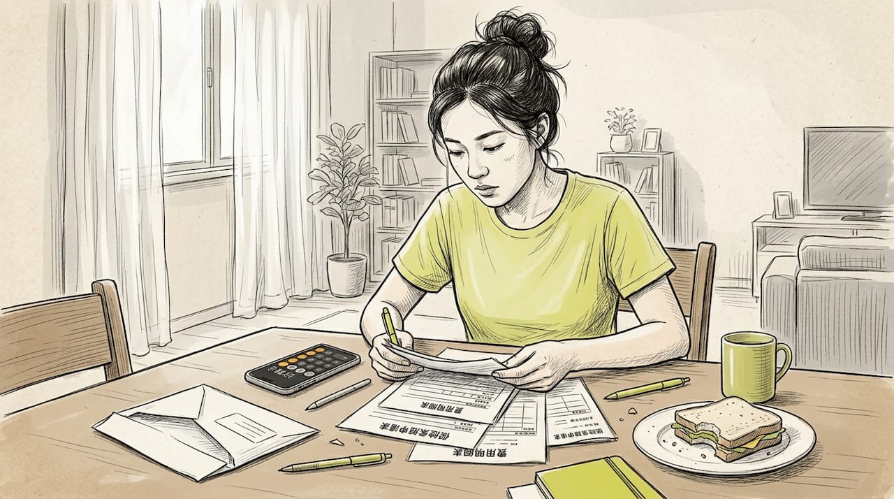 一位女士正在仔细审核境外保险相关的文件，认真核对每一项条款，确保自己的权益不受影响。