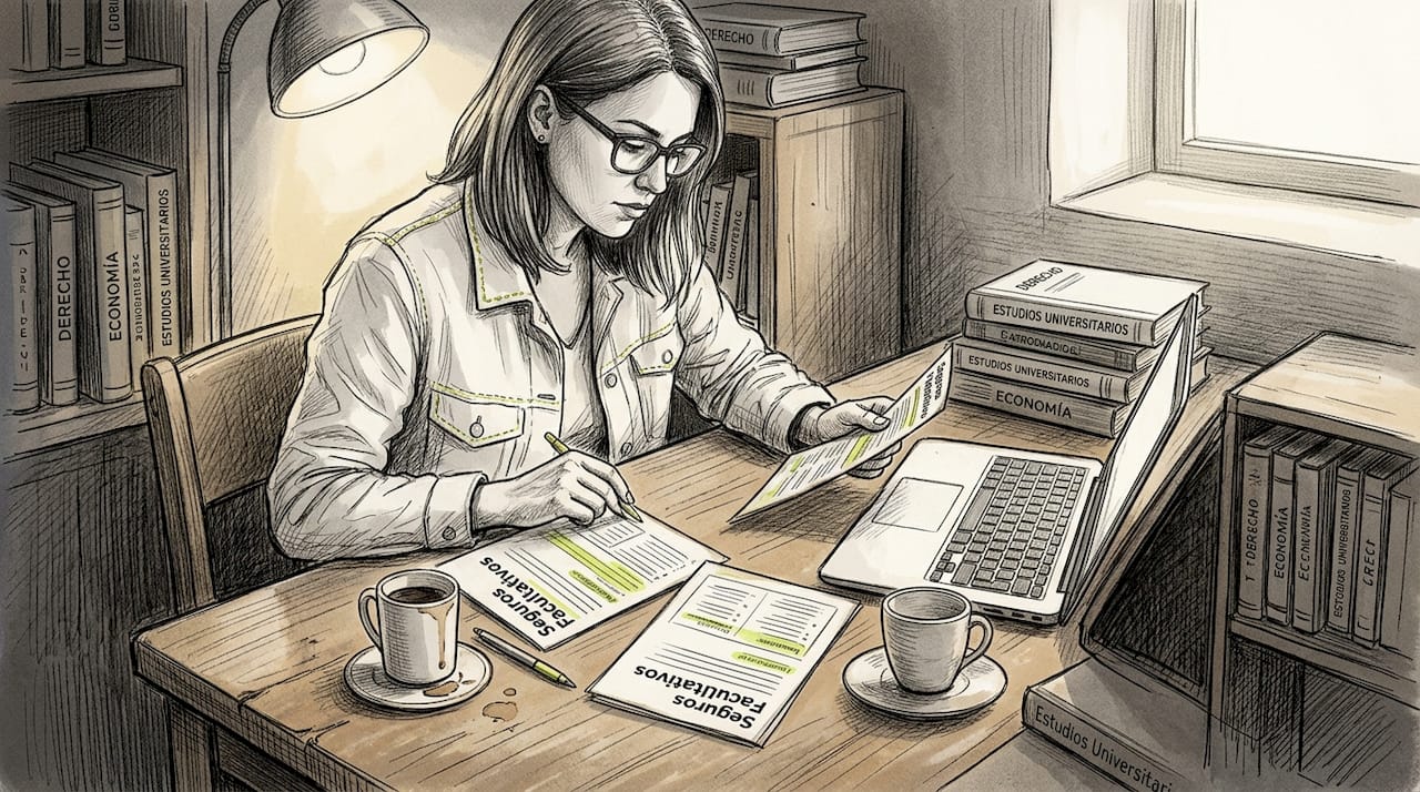 Mujer revisando y comparando diferentes opciones de seguros voluntarios