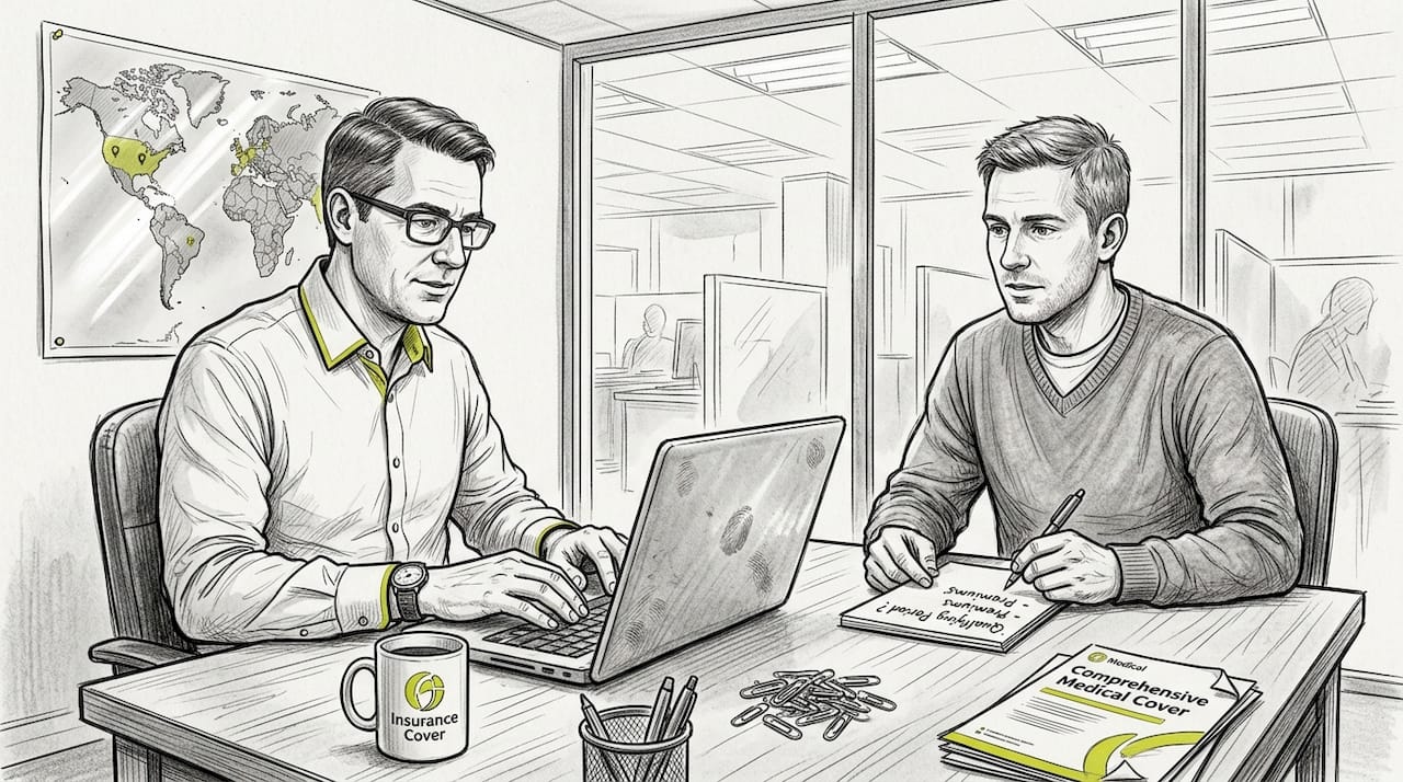 Expat client discusses insurance with agent