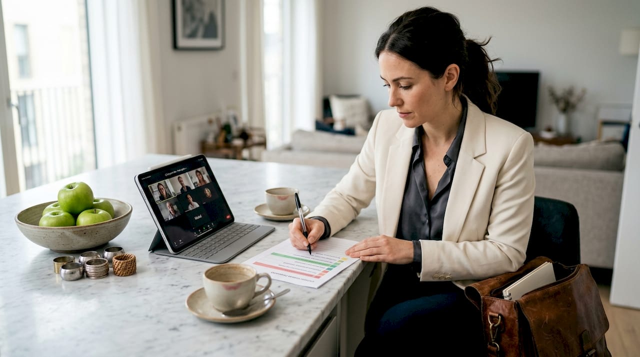 Planner reviews luxury event checklist at kitchen island