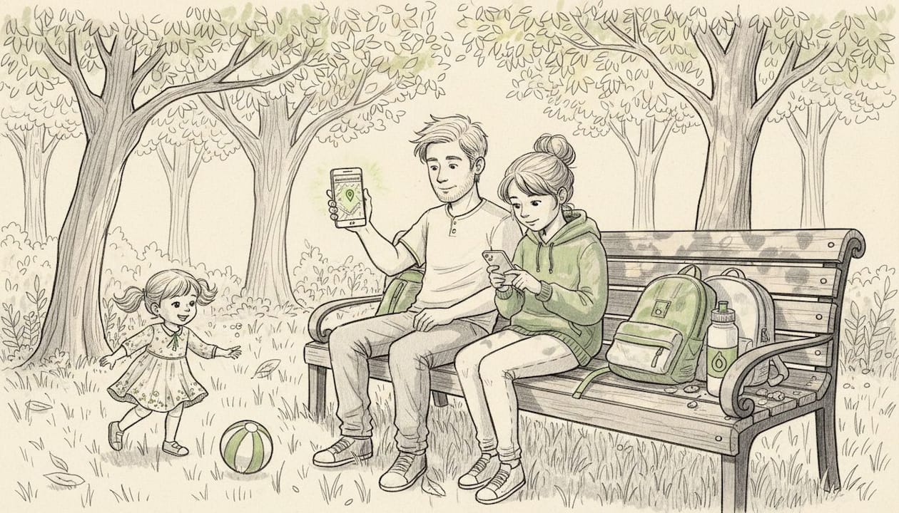 Un padre que utiliza la geolocalización para asegurarse de dónde están sus hijos mientras disfrutan juntos de una tarde en el parque.
