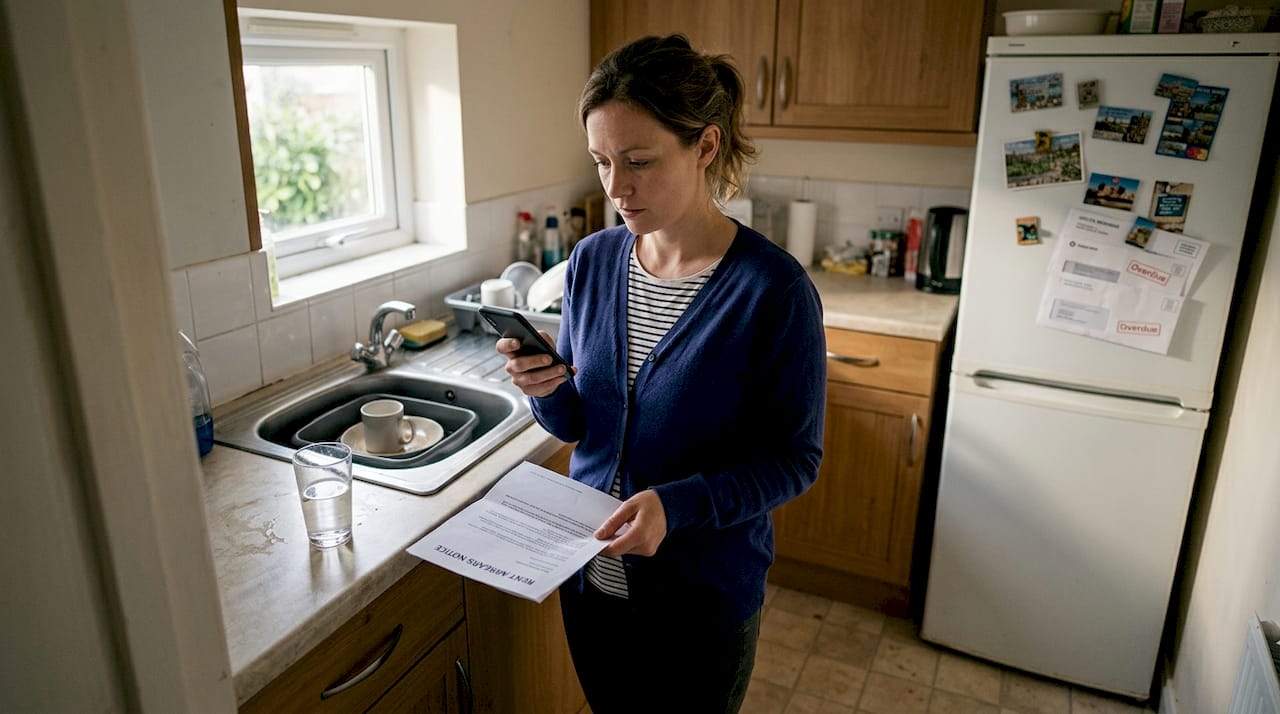Tenant reads late rent notice in kitchen