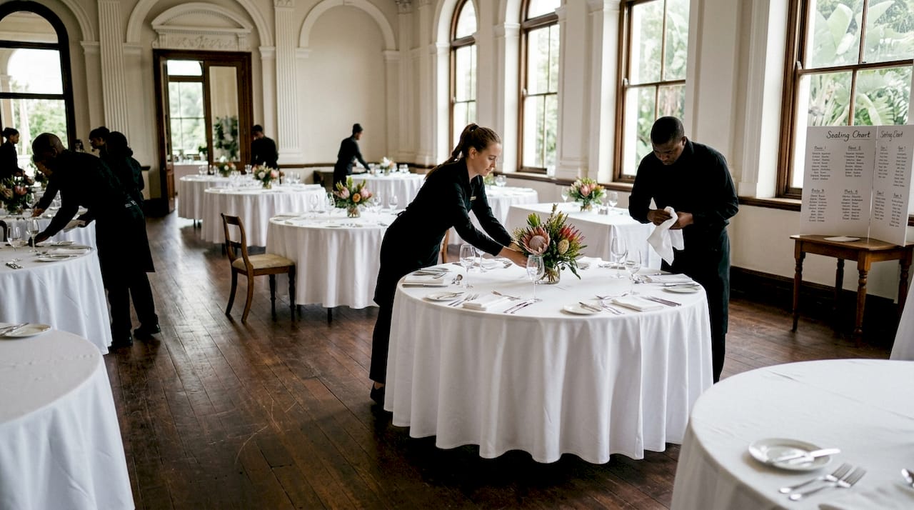 Staff preparing Cape Town gala event tables