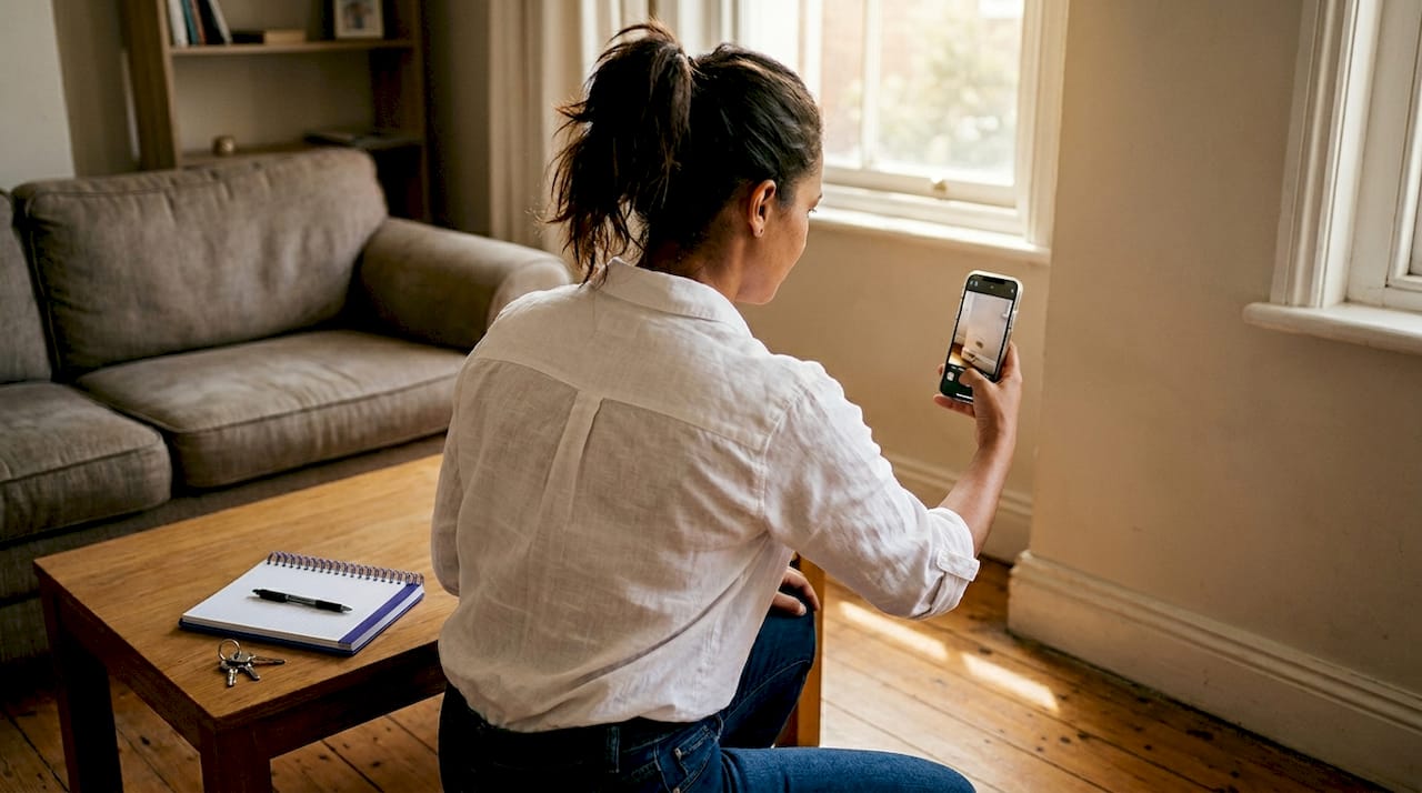 Tenant photographing property scuffs during inspection