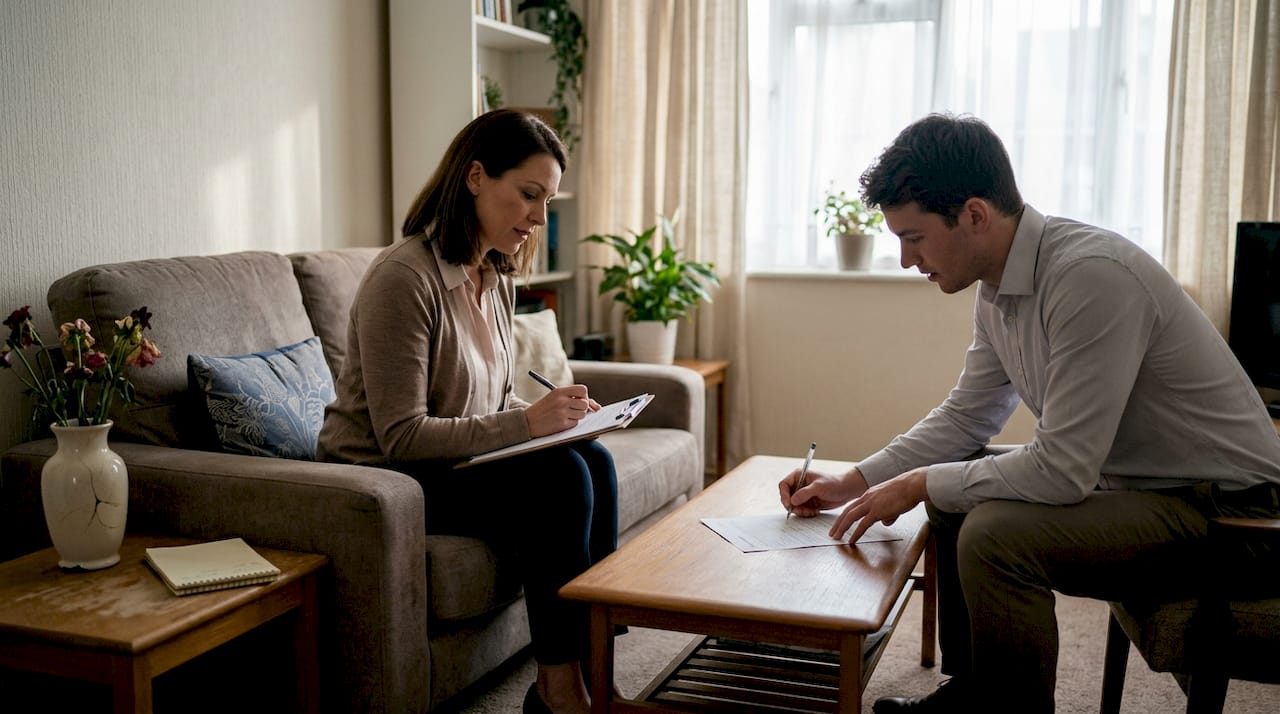 Landlord screening tenant in everyday living room